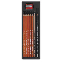 General's Charcoal Pencils - Set of 8. Open package, 7 pencils and sharpener in tray.