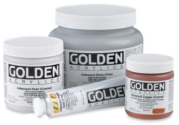 Open in modal - Golden Interference and Iridescent Heavy Body Acrylic Paint - Group Shot of 8 oz, 32 oz, and 4 oz Jars with 5 oz Tube