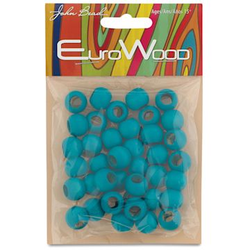 Open in modal - John Bead Euro Wood Beads - Turquoise, Round Large Hole, 12 mm x 9.8 mm, Pkg of 40 - front of packaging