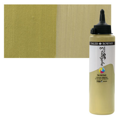 Daler-Rowney System3 Fluid Acrylics - Pale Gold, 250 ml bottle with swatch