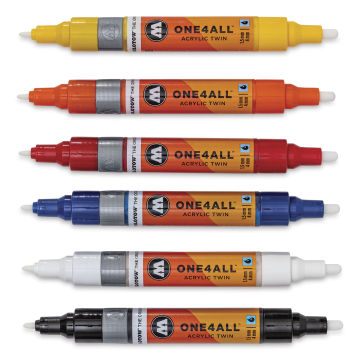 Molotow One4All Acrylic Twin Marker Sets - Components of Basic Set 1 shown horizontally and open