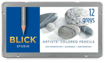 Blick Studio Artists' Colored Pencil Set, Greys, Set of 12. Front of closed tin box.