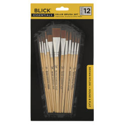 Blick Essentials Brown Nylon Value Brush Set, Assorted set of 12, Short handle. In package.