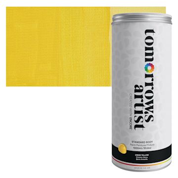 Open in modal - Tomorrow's Artist Eco-Friendly Standard Body Acrylic Paint - Cress Yellow, 1L jar and swatch