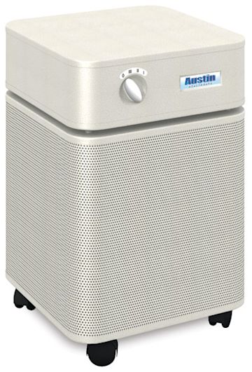 Open in modal - Austin HealthMate Air Cleaner- Angled view of Sandstone Air Cleaner showing dials and wheels