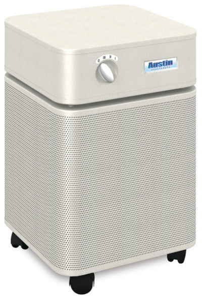 Austin HealthMate Air Cleaner- Angled view of Sandstone Air Cleaner showing dials and wheels