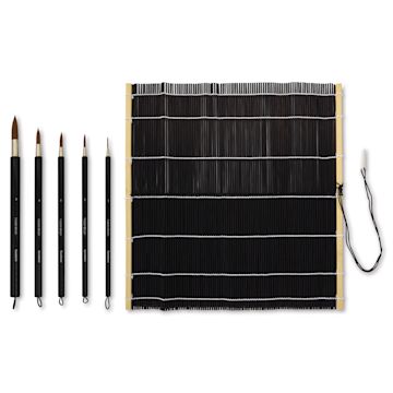 Open in modal - Yasutomo Fusion Synthetic Brushes - Round, Short Handle, Set of 5 with Wrap laid out