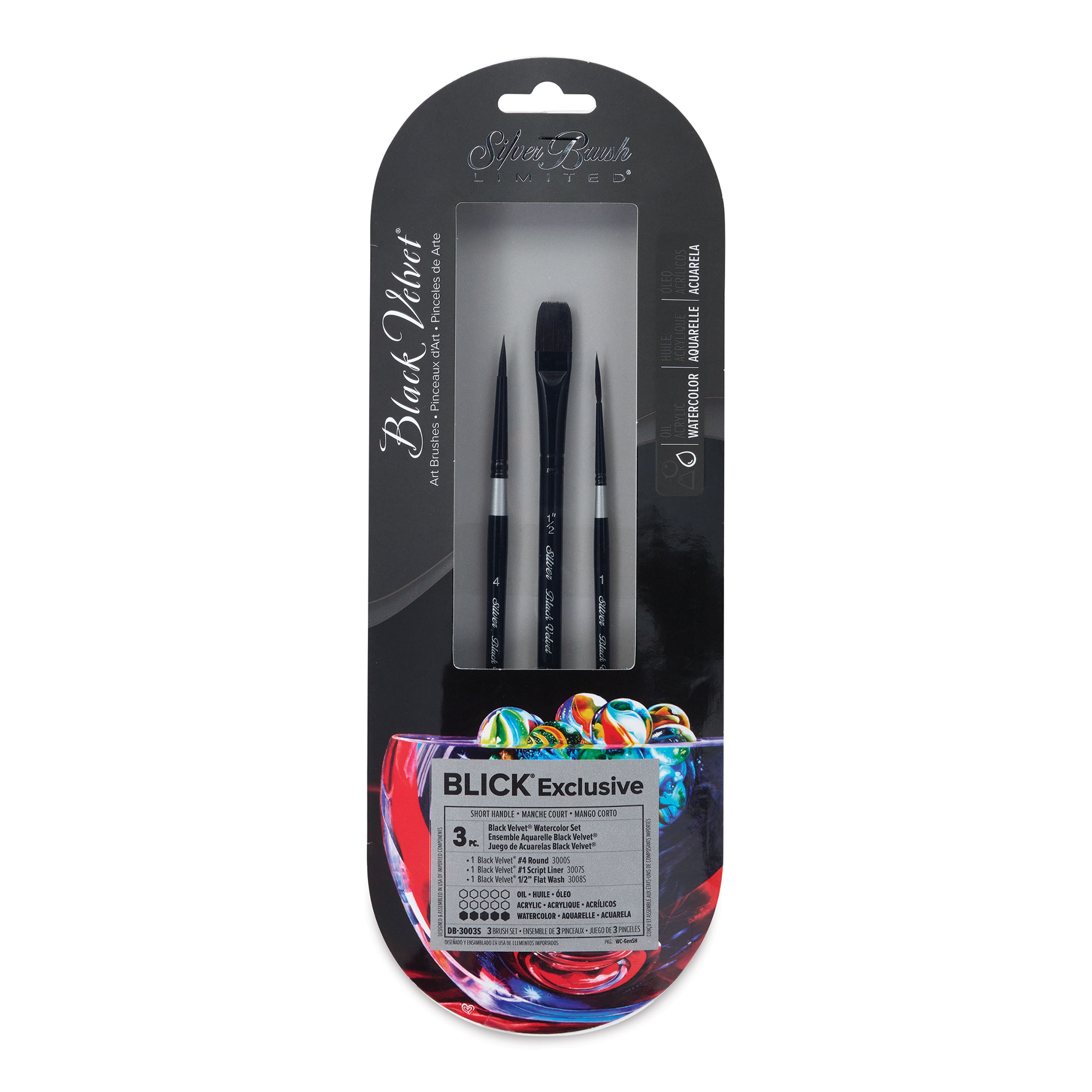 Silver Brush Limited WC-3000S Black Velvet Master Watercolor Set, Set of 3  Brushes, Script Liner Size 1, Oval Wash Size 3/4 Inch, and Round Size 8