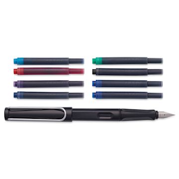 Open in modal - Blick Exclusive Lamy Safari Fountain Pen Set - Black, Fine Nib, contents laid out