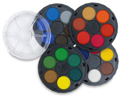 Watercolor Wheel, with 24 colors in 4 stacking trays and the lid which is also a palette