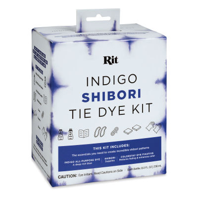 Rit Indigo Shibori Tie Dye Kit - Angled view of front of package