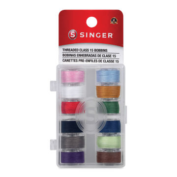 Singer Sewing Machine Bobbins - Class 15, Assorted Colors, Pkg of 12, front of the packaging
