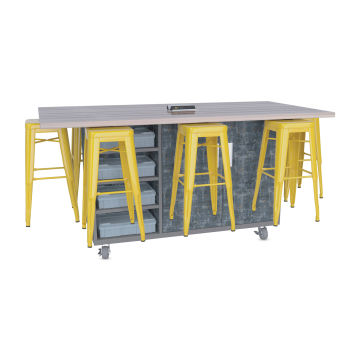 CEF Ed8 Work Table with Stools, 36"H table with yellow stools and Paint Scrape Steel finish.