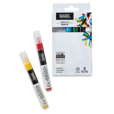 Liquitex Professional Paint Marker - Primary Fine Tip Colors, Set of 6 Front Package and 2 Markers