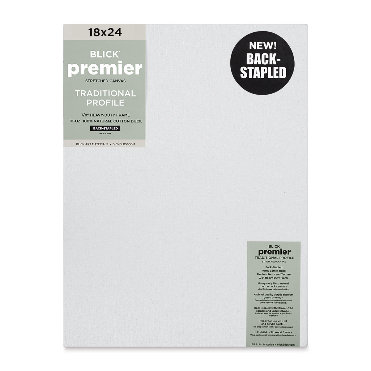 Blick Premier Stretched Cotton Canvas - Traditional Profile, Back-Stapled, 18 x 24