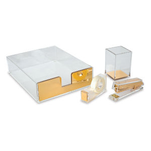 Kate Spade New York Strike Gold Acrylic Desk Accessories (Letter tray, pencil cup, tape dispenser, and stapler)