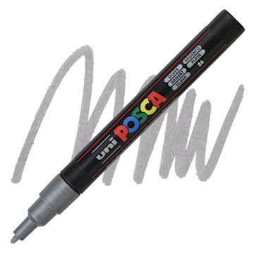 Open in modal - Uni Posca Paint Marker - Silver, Fine, Bullet Tip, 0.9mm-1.3mm marker and swatch