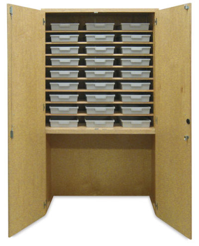 Hann Tote Tray Garage Cabinet - Front view with doors open showing 27 Tote Trays in storage