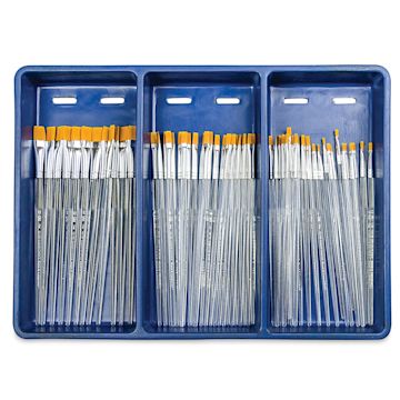Open in modal - Royal Langnickel Clear Choice Brush Set - Golden Taklon, Flat, Set of 60, Short Handle, in open packaging