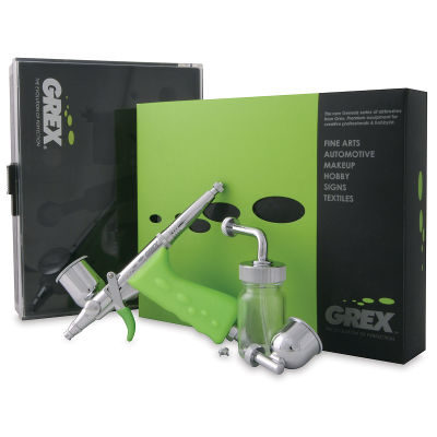 Grex Tritium TS Dual Action Side Gravity Airbrush Set - Components shown in front of package