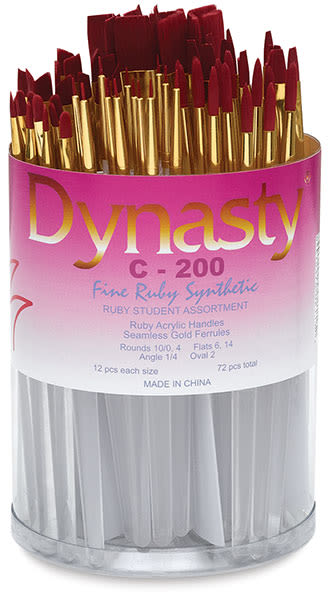 Fine Ruby Synthetic Brushes, Canister Set of 72 shown open with brushes elevated
