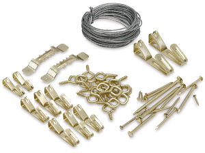 Ook Picture Hanging Kits - Components of Hook kit including hooks and screw eyes, shown on surface