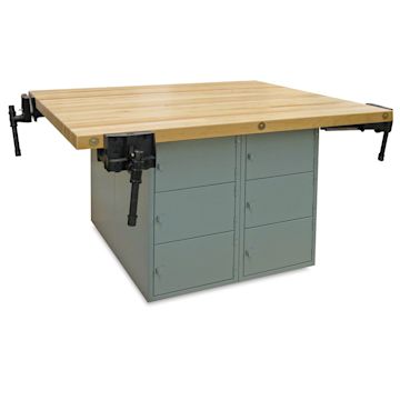 Open in modal - Hann Four-Station Locker-Type Workbench - showing 12 horizontal lockers and 4 vises