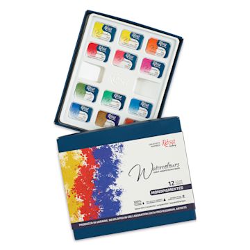 Open in modal - Rosa Gallery Watercolor Pans - Set of 12, Monopigment Colors, Full Pans in a cardboard box