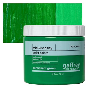 Open in modal - Gaffrey Art Material Standard Body Acrylic Paint - Permanent Green, 473 ml jar and swatch