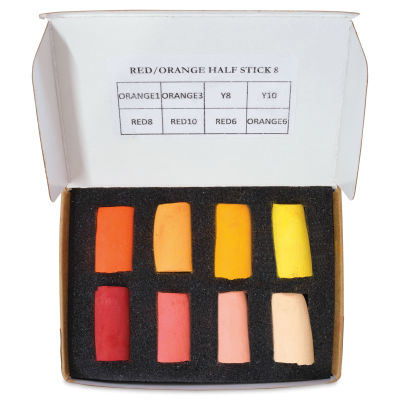 Unison Handmade Pastel Set - Red-Orange Colors, Set of 8, Half Stick (top-view of contents)