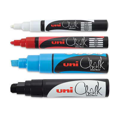 Uni-Ball Uni Chalk Markers - 4 markers uncapped showing differnt nib sizes