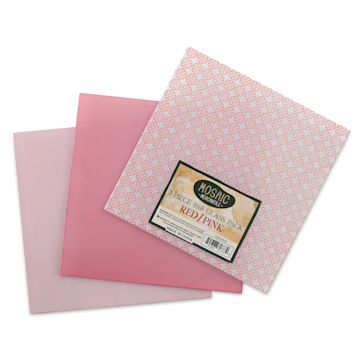 Open in modal - Mosaic Mercantile Opalescent Glass Pack - Red and Pink, 8" x 8", Pkg of 3, fanned out