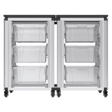 Modular Storage Cabinet, front view of the 2 side-by-side module with 6 large bins. 