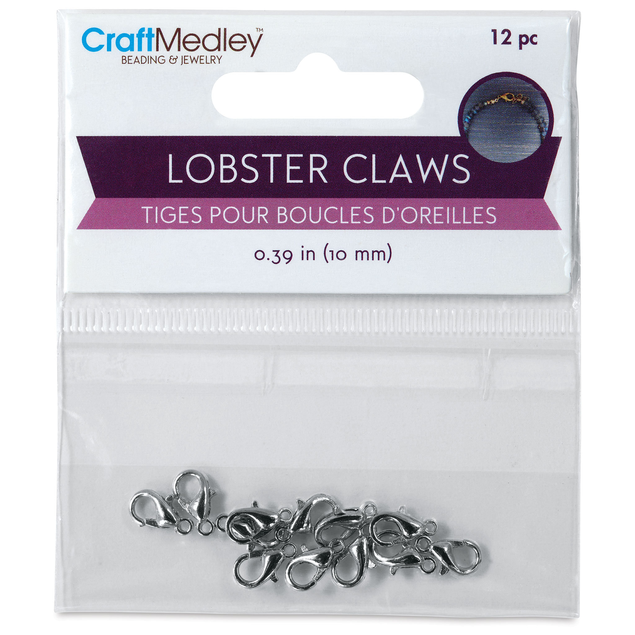 Craft Medley Lobster Claw Clasps - Silver, 10 mm, Pkg of 12