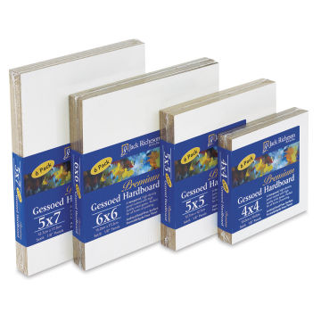 Premium Gessoed Hardboard Panels - Angled view of 4 sizes of 1/8" panel packages with labels