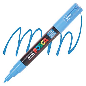 Open in modal - Uni Posca Paint Marker - Sky Blue, X-Fine, Bullet Tip, 0.7 mm, swatch and marker