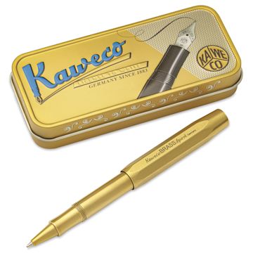 Open in modal - Kaweco Brass Sport Rollerball Pen - Black Ink - pen and packaging