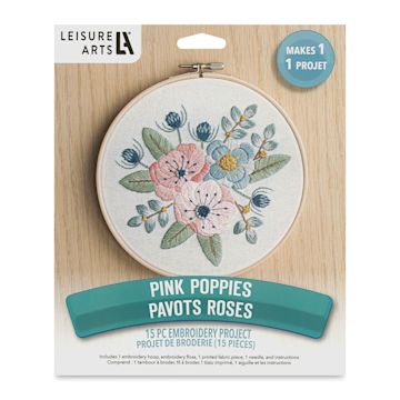 Open in modal - Leisure Arts Embroidery Kit - Pink Poppies, front of the packaging
