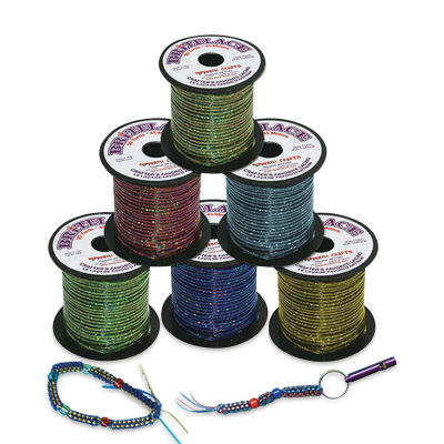 Pepperell Rexlace Britelace Holographic Plastic Lacing - Assorted spools shown with sample bracelets