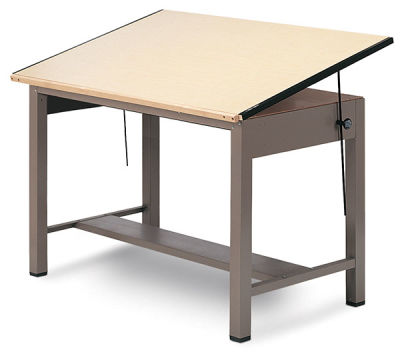 Mayline Ranger Steel Four-Post Drawing Tables - Angled view with top raised
