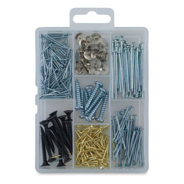 Homepak Tacks, Nails, Brads, and Screws Assortment - Clear package showing contents
