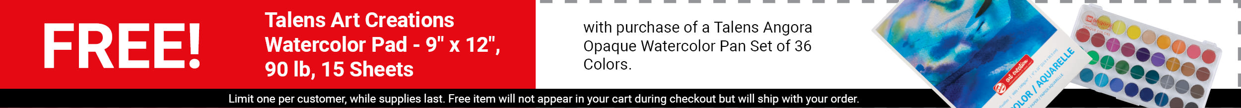 FREE! Talens Art Creations Watercolor Pad - 9" x 12", 90 lb, 15 Sheets with purchase of a Talens Angora Opaque Watercolor Pan Set of 36 colors.