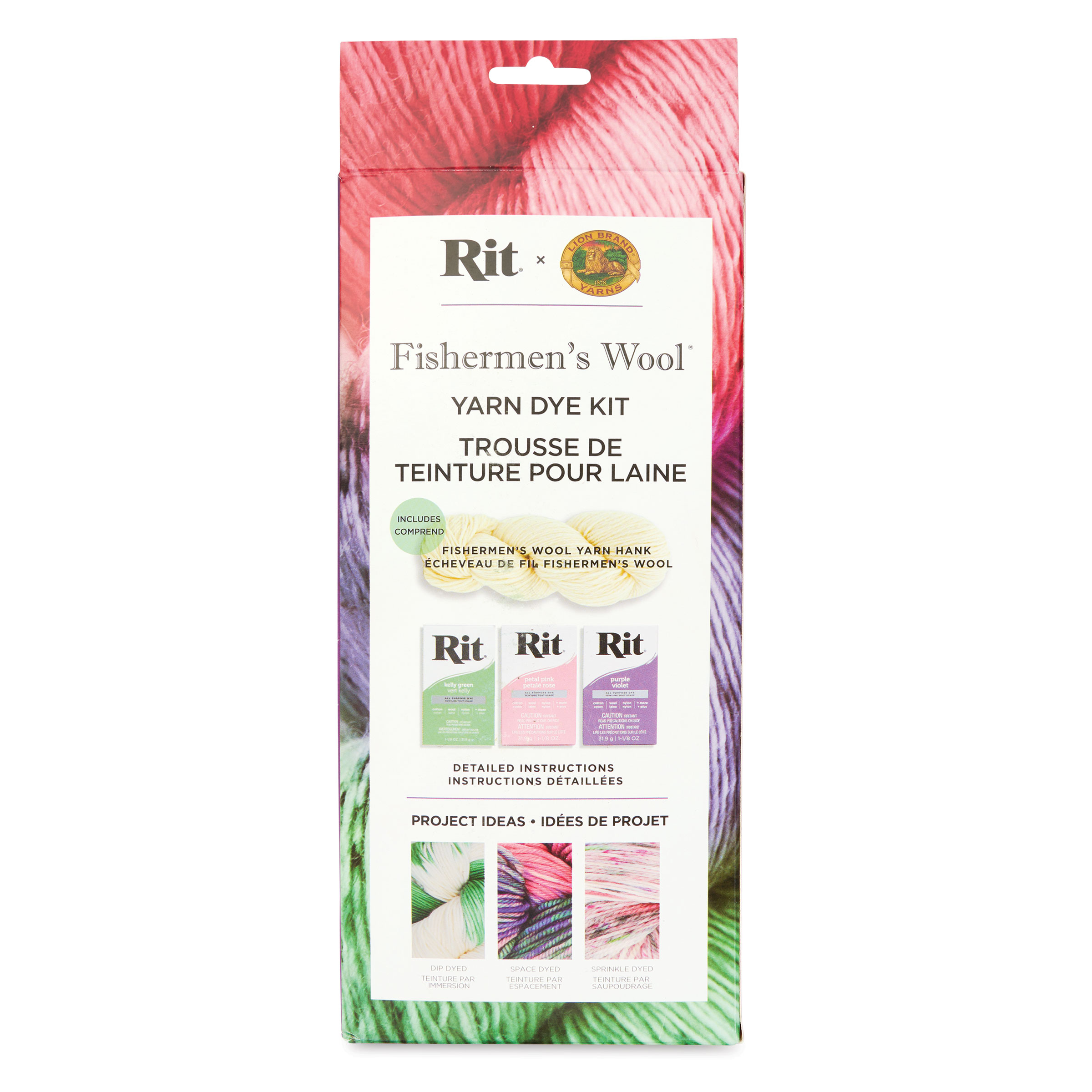 Lion Brand x Rit Fishermen's Wool Yarn Dye Kit - Kelly Green, Purple, and  Petal Pink