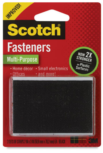 Scotch Reclosable Fasteners - Front of 3 pc blister package of 2" x 3" Black Fasteners
