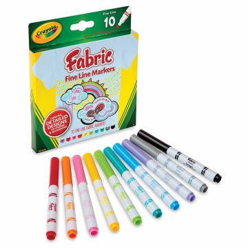Crayola Fabric Markers - Angled view of package of 10 markers with uncapped markers shown in front 