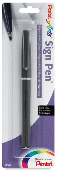 Pentel Arts Sign Pens - Front of blister package of Black Fiber Tip Pen
