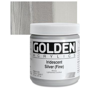 Open in modal - Golden Heavy Body Artist Acrylic - Iridescent Silver (Fine), 8 oz jar and swatch