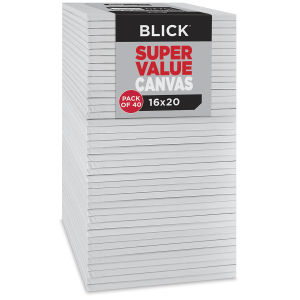 Blick Super Value Canvas Bulk Pack, 16" x 20", Pack of 40. Stack of 40 canvases with pack label.