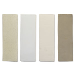 Standard Ceramic 105 White Clay With Grog (sample tiles left to right - fired clay with clear glaze; fired clay with white glaze; bisque fired clay; unfired clay)