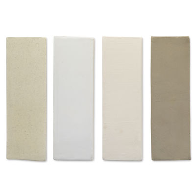 Standard Clay Company 105 White Clay With Grog (sample tiles left to right - fired clay with clear glaze; fired clay with white glaze; bisque fired clay; unfired clay)